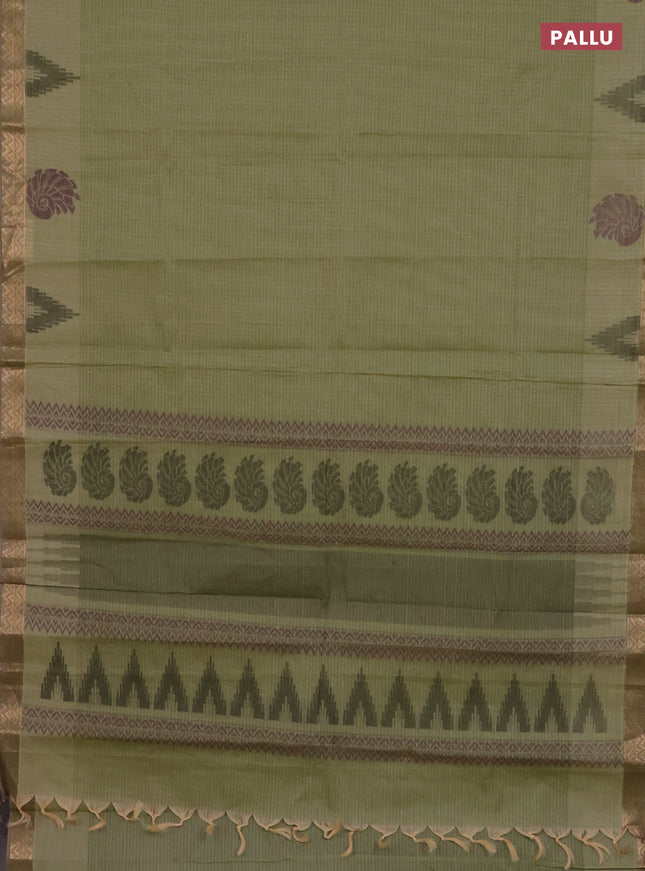Nithyam cotton saree pastel green with allover thread stripe pattern and zari woven border