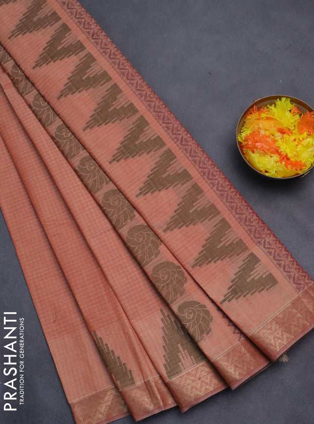 Nithyam cotton saree rust shade with allover thread stripe pattern and zari woven border
