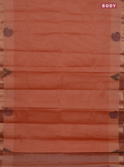 Nithyam cotton saree rust shade with allover thread stripe pattern and zari woven border