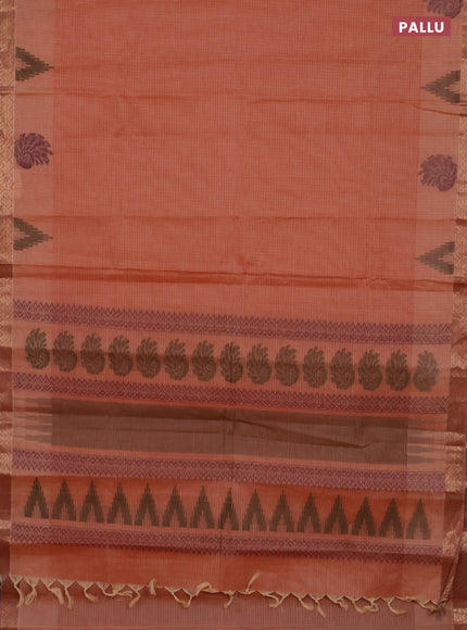 Nithyam cotton saree rust shade with allover thread stripe pattern and zari woven border