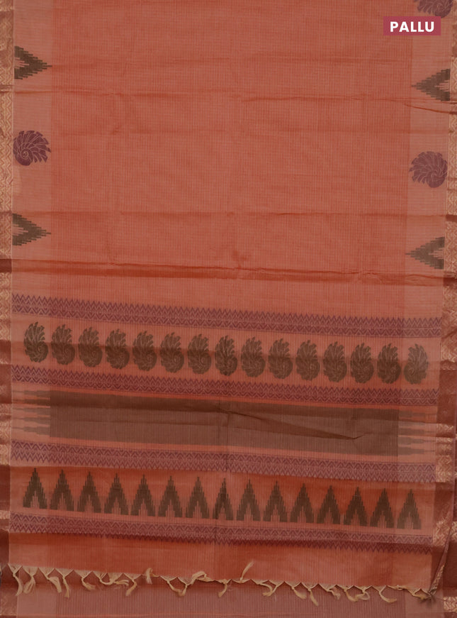Nithyam cotton saree rust shade with allover thread stripe pattern and zari woven border