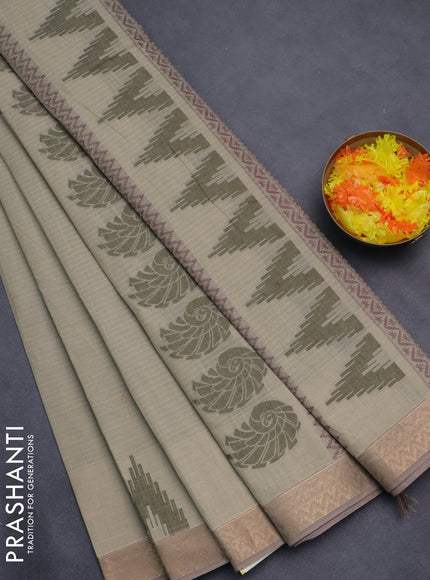 Nithyam cotton saree beige and pastel brown with allover thread stripe pattern and zari woven border