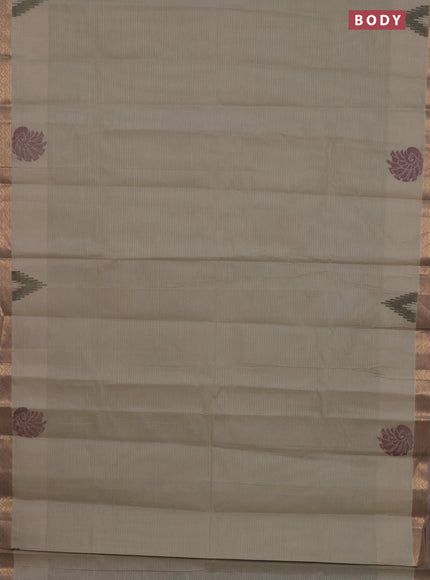Nithyam cotton saree beige and pastel brown with allover thread stripe pattern and zari woven border