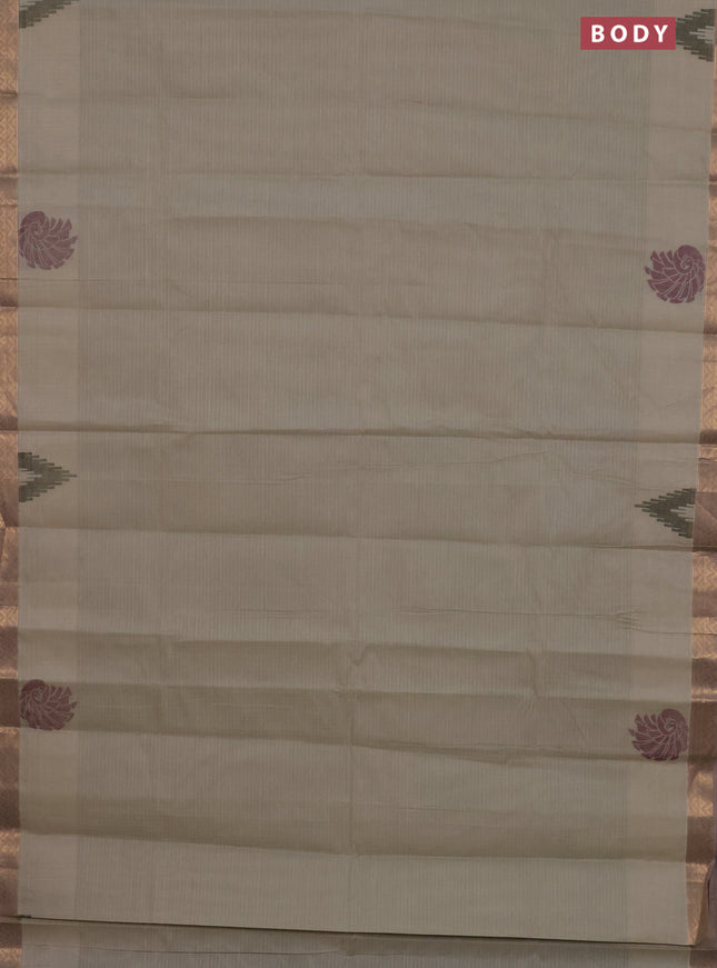 Nithyam cotton saree beige and pastel brown with allover thread stripe pattern and zari woven border