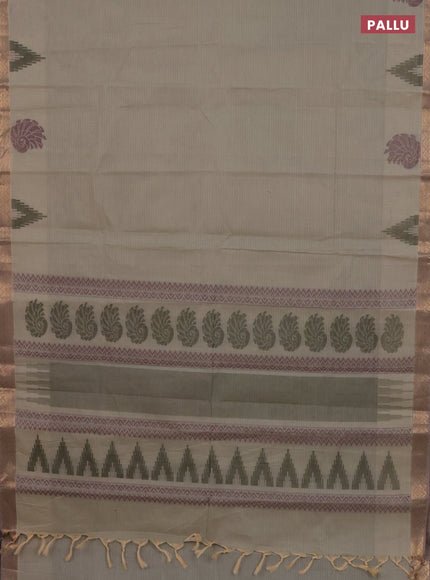 Nithyam cotton saree beige and pastel brown with allover thread stripe pattern and zari woven border