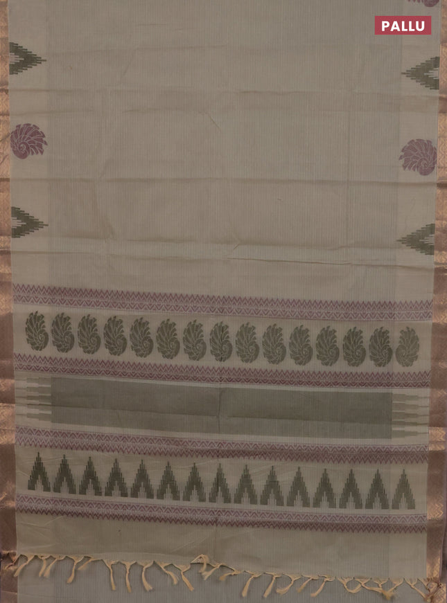 Nithyam cotton saree beige and pastel brown with allover thread stripe pattern and zari woven border
