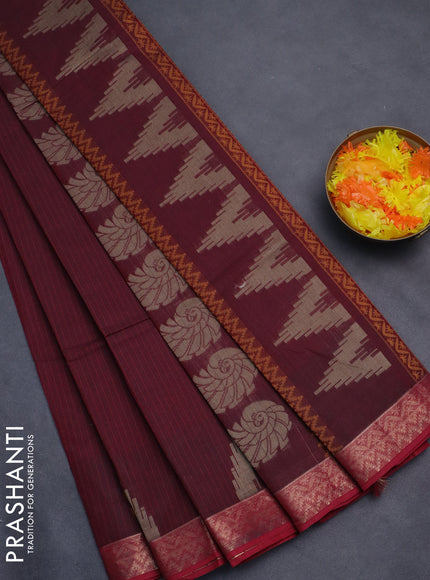 Nithyam cotton saree maroon with allover thread stripe pattern and zari woven border