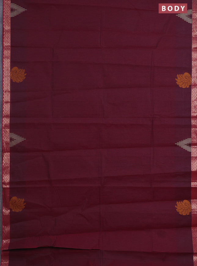 Nithyam cotton saree maroon with allover thread stripe pattern and zari woven border