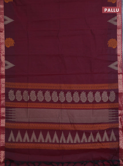 Nithyam cotton saree maroon with allover thread stripe pattern and zari woven border