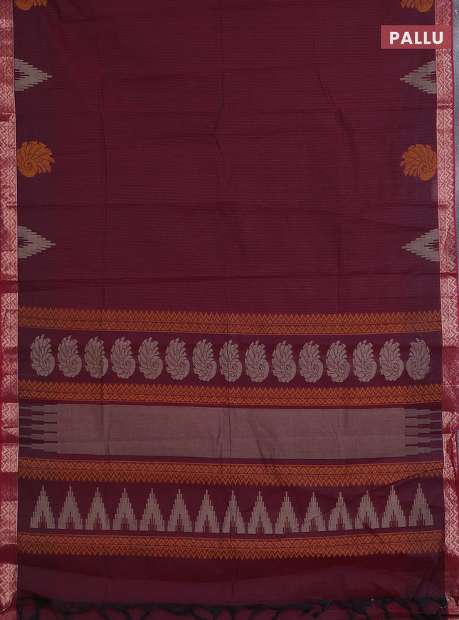 Nithyam cotton saree maroon with allover thread stripe pattern and zari woven border