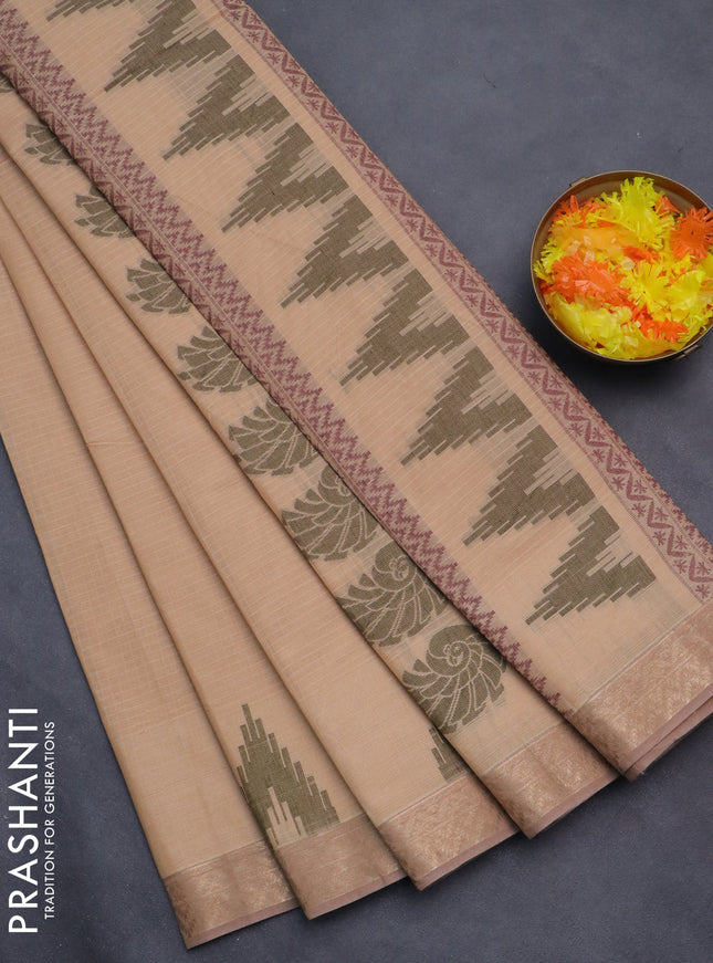 Nithyam cotton saree sandal with self emboss and zari woven border