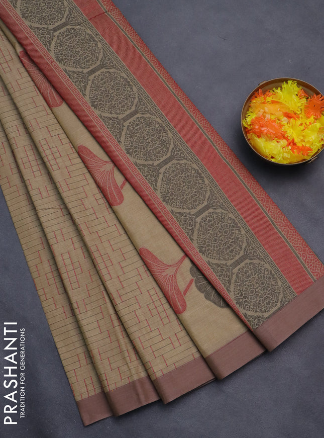 Nithyam cotton saree beige with allover thread weaves and simple border