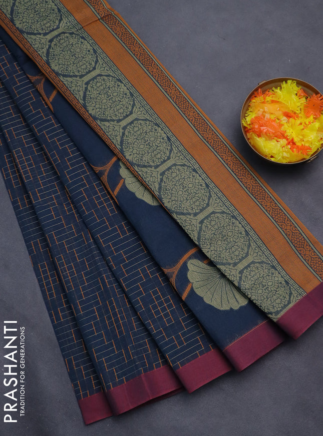 Nithyam cotton saree peacock blue and maroon with allover thread weaves and simple border