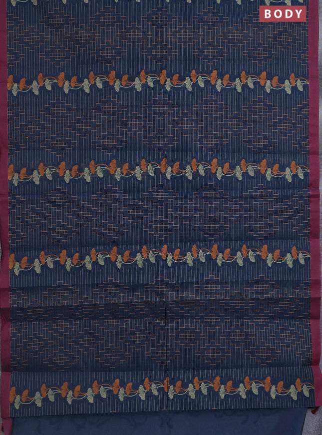 Nithyam cotton saree peacock blue and maroon with allover thread weaves and simple border