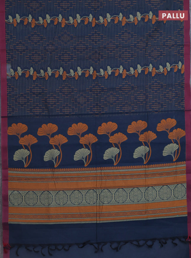 Nithyam cotton saree peacock blue and maroon with allover thread weaves and simple border