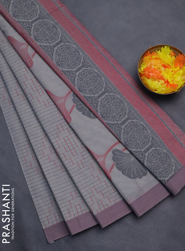Nithyam cotton saree grey with allover thread weaves and simple border