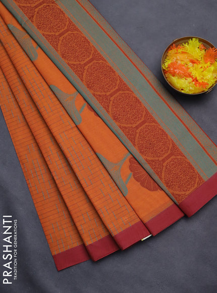 Nithyam cotton saree orange and maroon with allover thread weaves and simple border