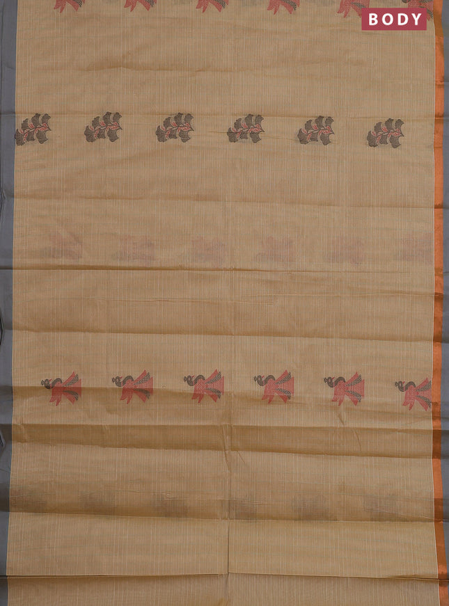 Nithyam cotton saree sandal and grey with allover thread weaves & buttas and simple border