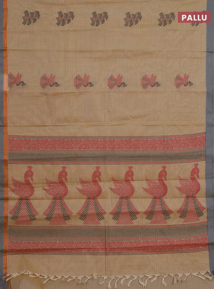 Nithyam cotton saree sandal and grey with allover thread weaves & buttas and simple border