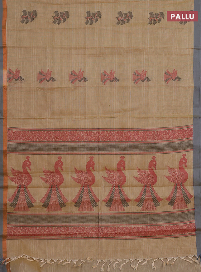 Nithyam cotton saree sandal and grey with allover thread weaves & buttas and simple border