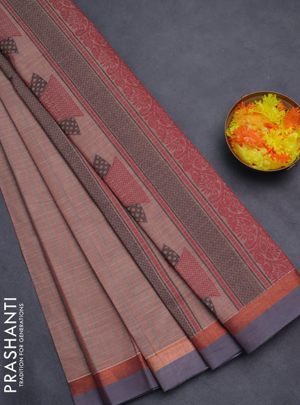 Nithyam cotton saree pastel brown and grey with allover thread weaves & buttas and simple border
