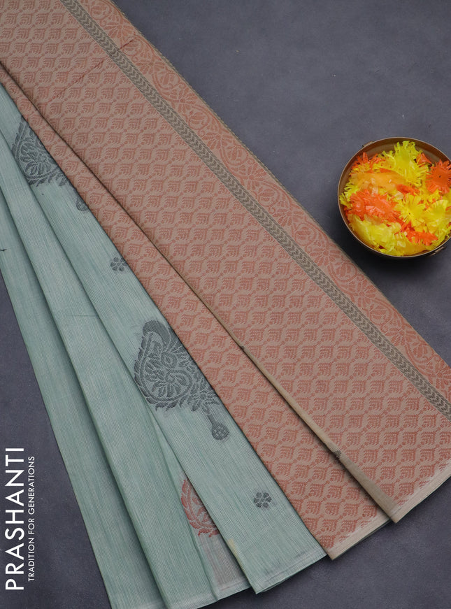 Nithyam cotton saree pastel green with thread woven buttas in borderless style