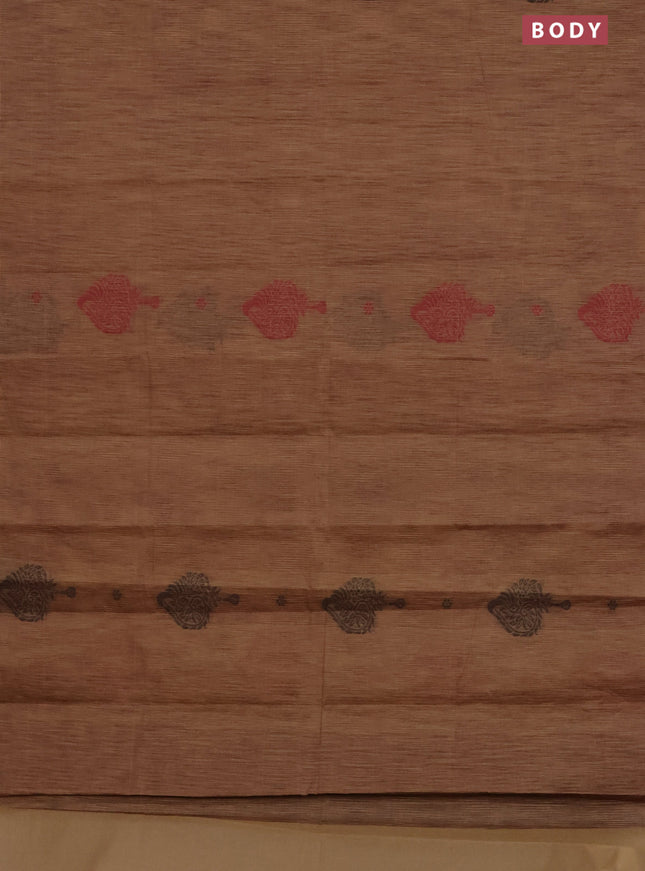 Nithyam cotton saree dark sandal and sandal with thread woven buttas in borderless style