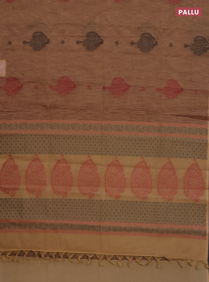 Nithyam cotton saree dark sandal and sandal with thread woven buttas in borderless style