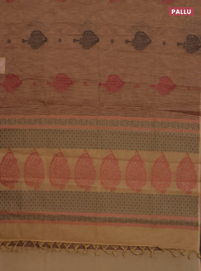 Nithyam cotton saree dark sandal and sandal with thread woven buttas in borderless style