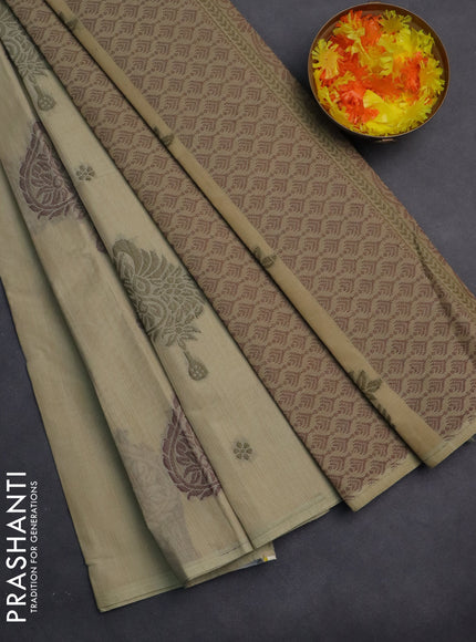 Nithyam cotton saree elaichi green with thread woven buttas in borderless style