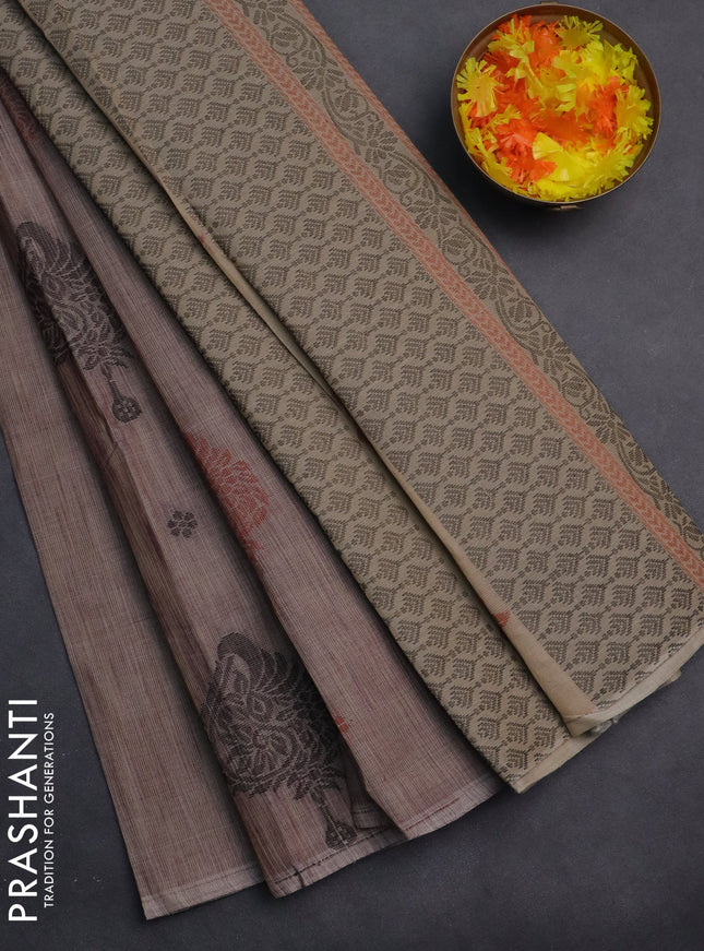 Nithyam cotton saree grey shade with thread woven buttas in borderless style