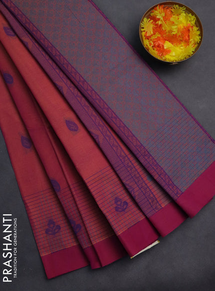 Nithyam cotton saree dual shade of pinkish yellow and magent pink with thread woven buttas and simple border