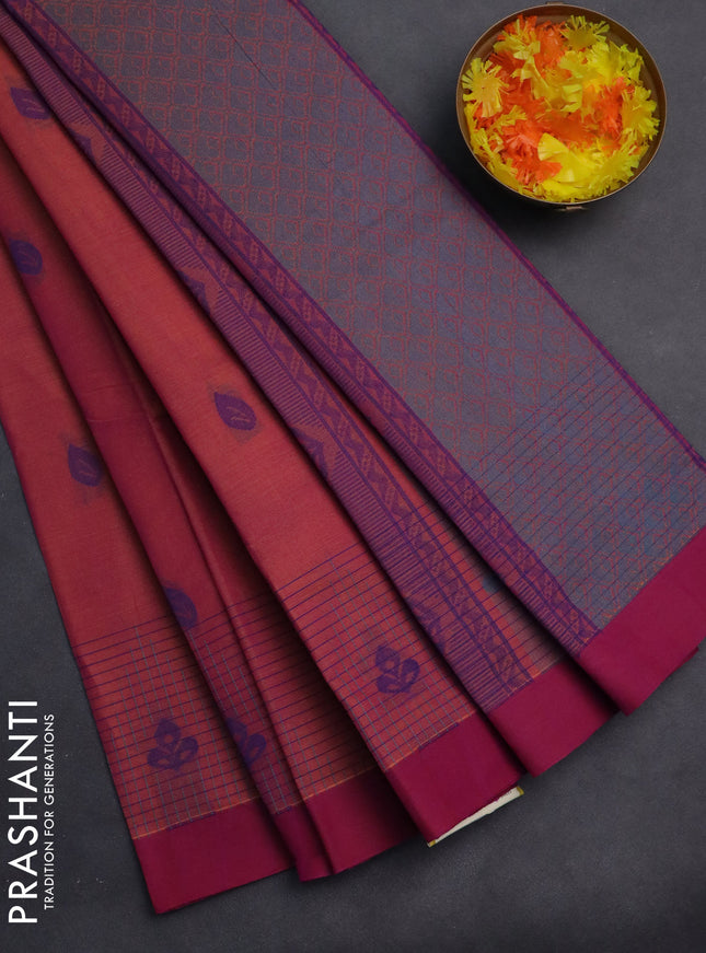 Nithyam cotton saree dual shade of pinkish yellow and magent pink with thread woven buttas and simple border