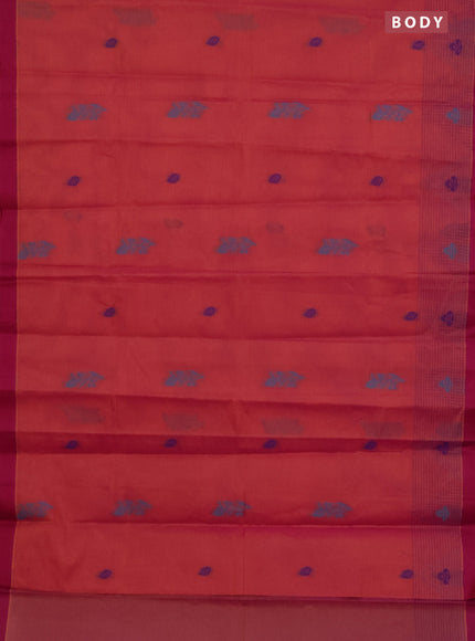 Nithyam cotton saree dual shade of pinkish yellow and magent pink with thread woven buttas and simple border