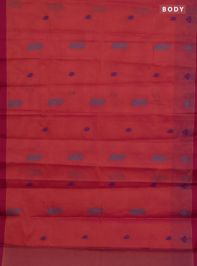 Nithyam cotton saree dual shade of pinkish yellow and magent pink with thread woven buttas and simple border