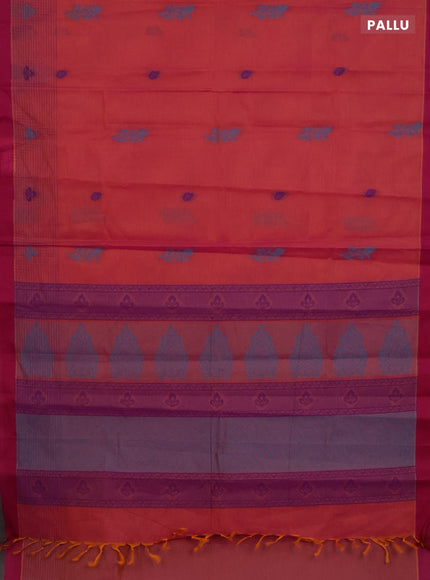 Nithyam cotton saree dual shade of pinkish yellow and magent pink with thread woven buttas and simple border