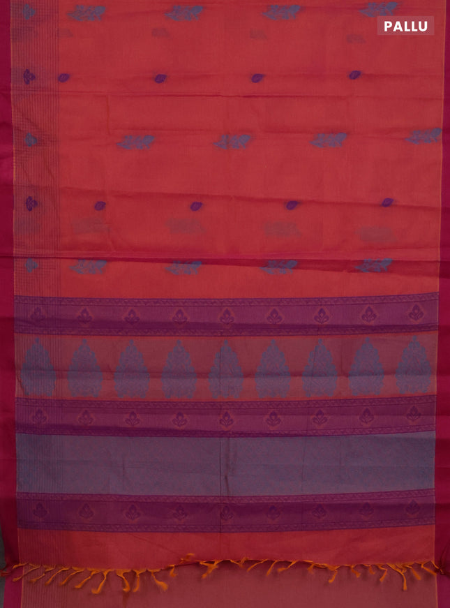 Nithyam cotton saree dual shade of pinkish yellow and magent pink with thread woven buttas and simple border