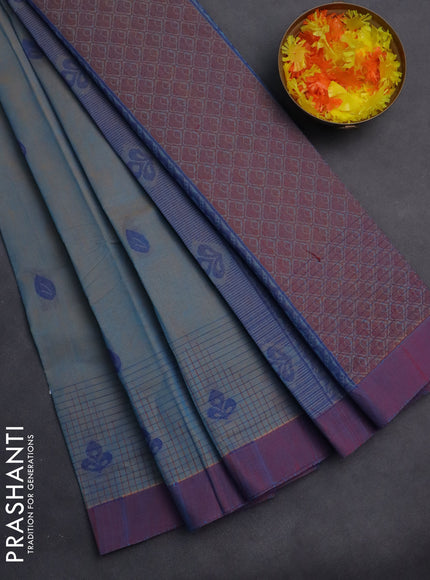 Nithyam cotton saree dual shade of blue and dual shade of maroon with thread woven buttas and simple border