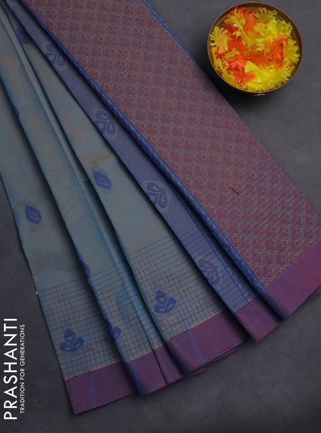 Nithyam cotton saree dual shade of blue and dual shade of maroon with thread woven buttas and simple border