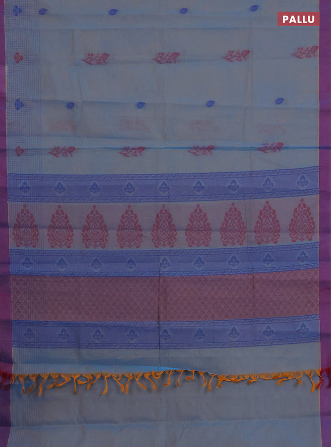 Nithyam cotton saree dual shade of blue and dual shade of maroon with thread woven buttas and simple border