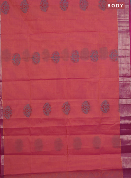 Nithyam cotton saree dual shade of pinkish yellow and magenat pink with allover self emboss & thread woven buttas and thread woven border