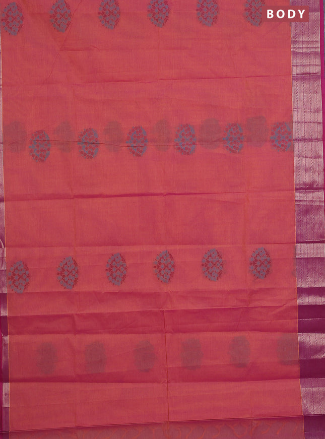 Nithyam cotton saree dual shade of pinkish yellow and magenat pink with allover self emboss & thread woven buttas and thread woven border