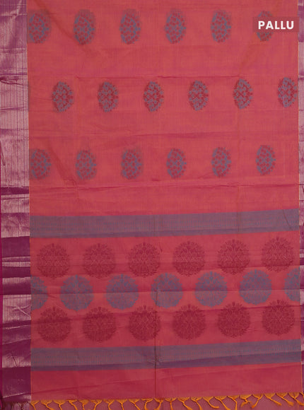 Nithyam cotton saree dual shade of pinkish yellow and magenat pink with allover self emboss & thread woven buttas and thread woven border