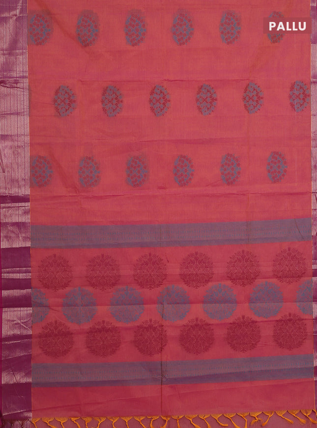 Nithyam cotton saree dual shade of pinkish yellow and magenat pink with allover self emboss & thread woven buttas and thread woven border