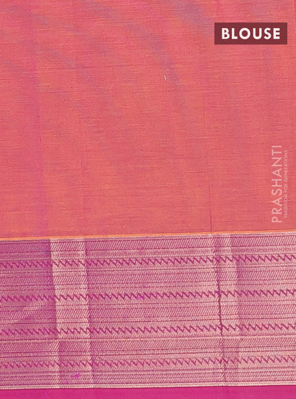 Nithyam cotton saree dual shade of pinkish yellow and magenat pink with allover self emboss & thread woven buttas and thread woven border