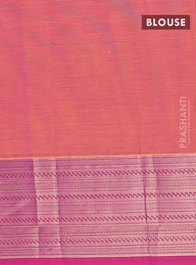 Nithyam cotton saree dual shade of pinkish yellow and magenat pink with allover self emboss & thread woven buttas and thread woven border