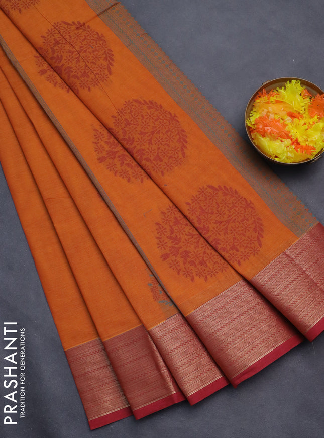 Nithyam cotton saree dark mustard and maroon with allover self emboss & thread woven buttas and thread woven border