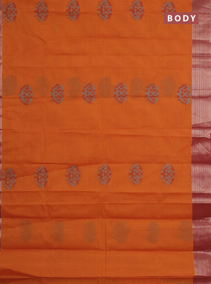 Nithyam cotton saree dark mustard and maroon with allover self emboss & thread woven buttas and thread woven border