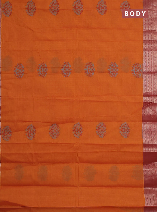 Nithyam cotton saree dark mustard and maroon with allover self emboss & thread woven buttas and thread woven border