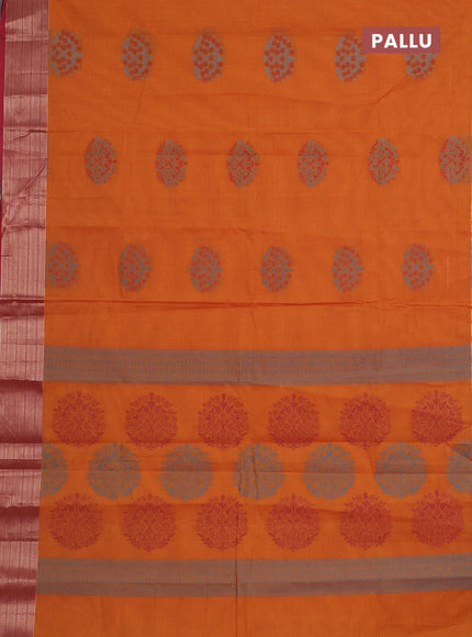 Nithyam cotton saree dark mustard and maroon with allover self emboss & thread woven buttas and thread woven border